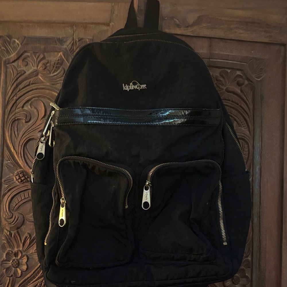 Kipling Black Nylon Backpack with Gold Hardware